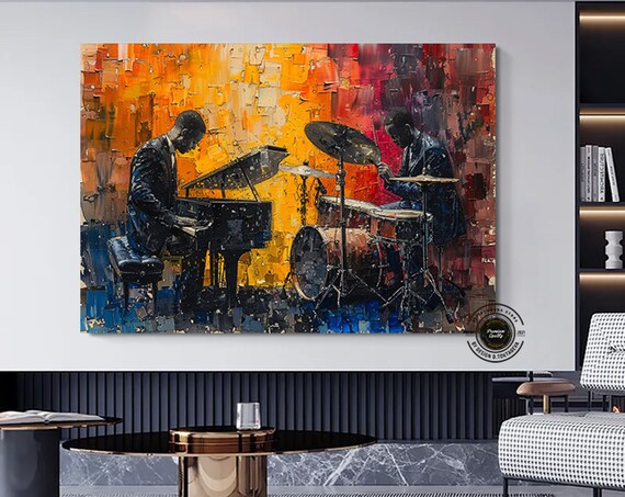 Jazz Piano and Drums Duo Fiery Orange Impasto Music Art Poster