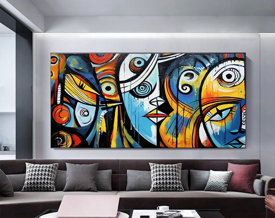 Cubist Abstract Faces Blue Orange Panoramic Modern Art Poster