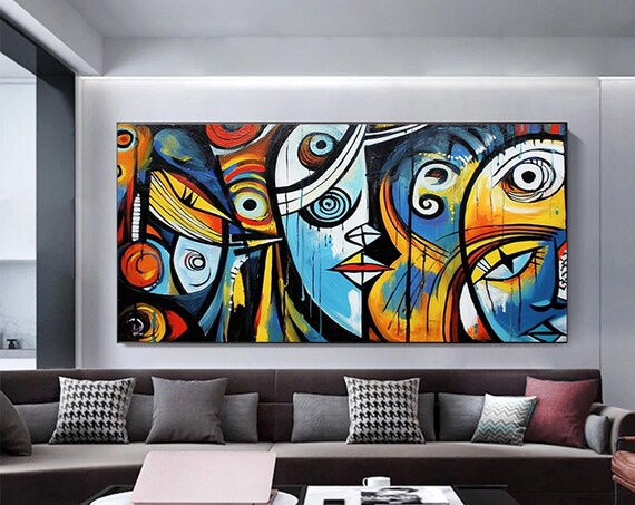 Cubist Abstract Faces Blue Orange Panoramic Modern Art Poster
