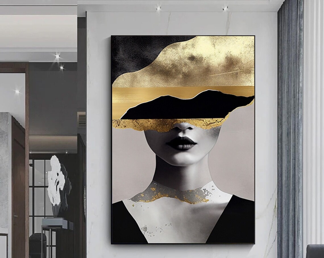 Monochrome Woman Gold Leaf Accents Chic Abstract Face Art Poster