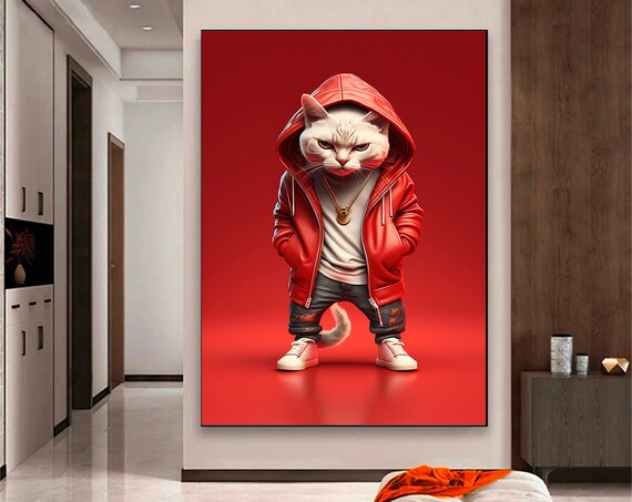 Funny White Cat Red Hoodie Gold Chain Hip Hop Street Style Poster
