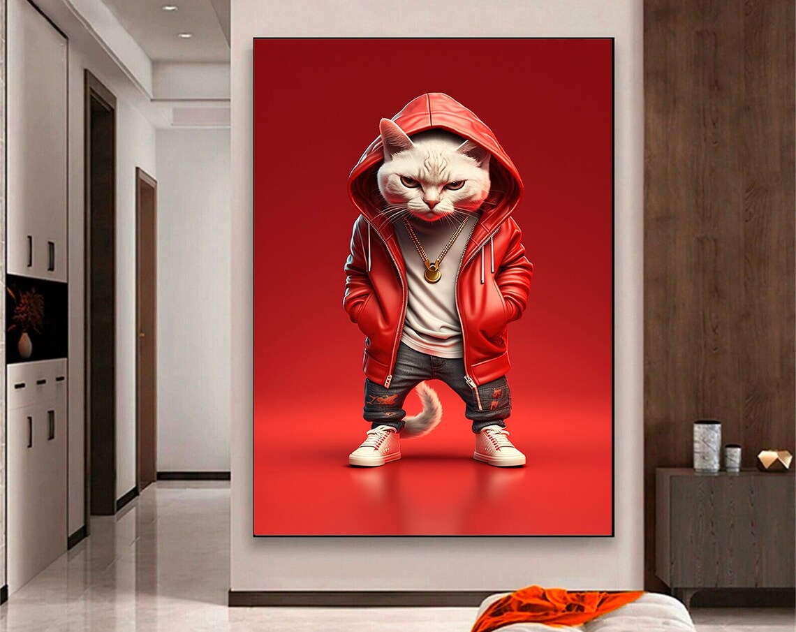 Funny White Cat Red Hoodie Gold Chain Hip Hop Street Style Poster