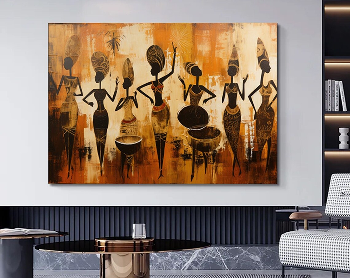 African Women Drummers Golden Silhouette Painting Art Poster