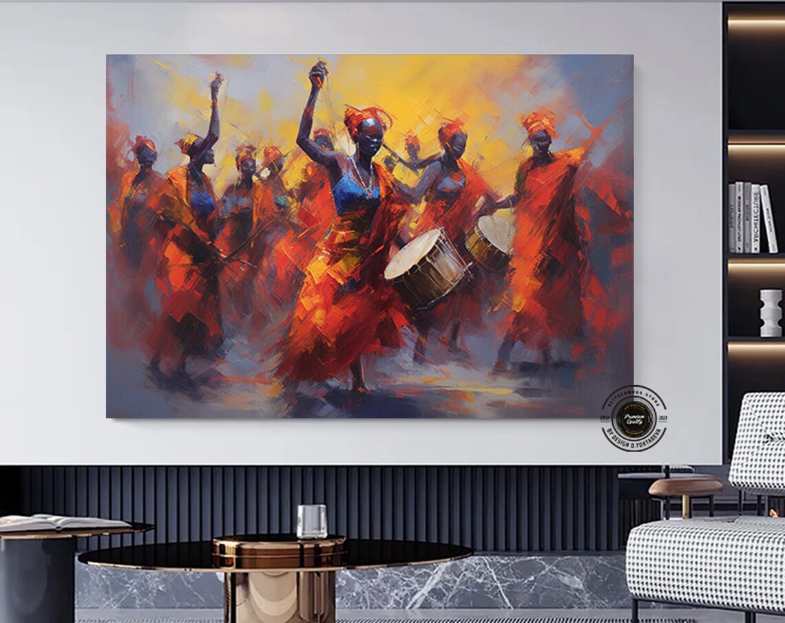 African Dancers in Red Dresses with Drums Fiery Painting Poster