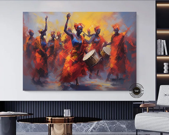 Colorful African Girls And Musicians Canvas Enjoyable Ethnic Music Dance Africa Style