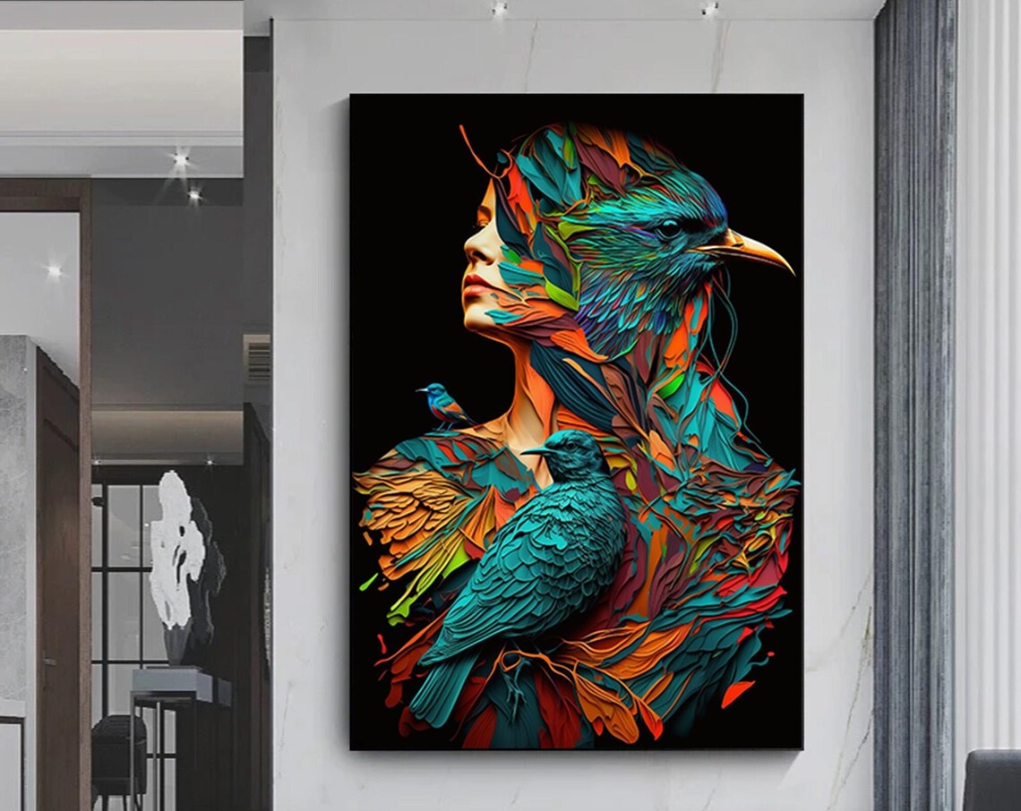 Woman Bird Surreal Fusion Portrait Colorful Parrot Digital Art Poster