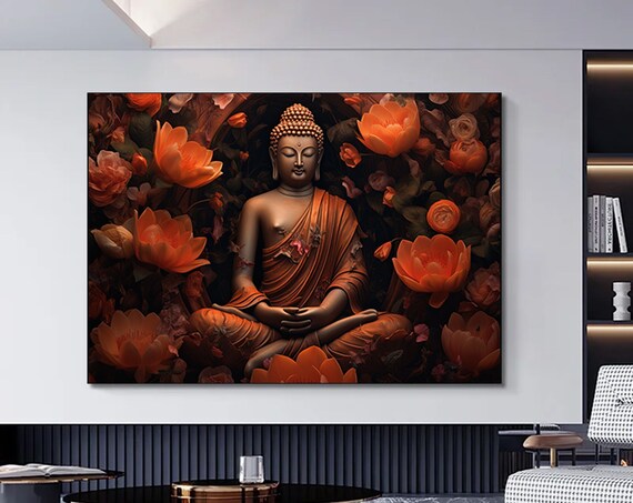 Buddha Meditating Orange Blossoms Warm Dark Floral Art Poster