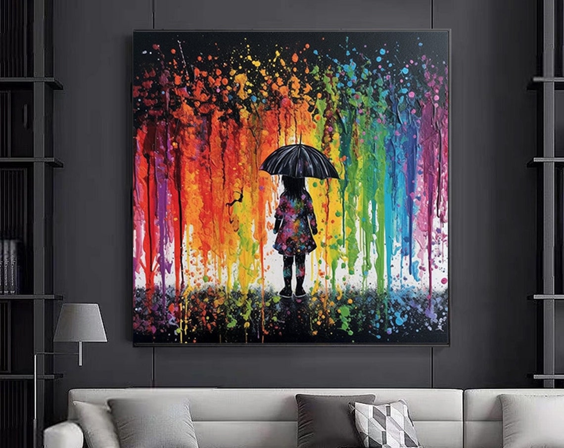 Girl With Umbrella Rainbow Paint Drips Colorful Silhouette Poster