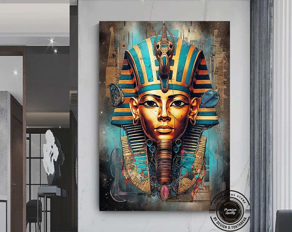 Tutankhamun Golden Mask Egyptian Pharaoh Teal Decorative Art Poster