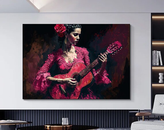 Flamenco Woman Red Dress Guitar Painterly Spanish Music Art Poster