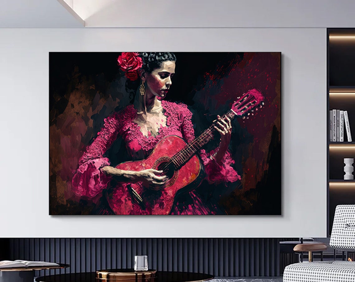 Flamenco Woman Red Dress Guitar Painterly Spanish Music Art Poster
