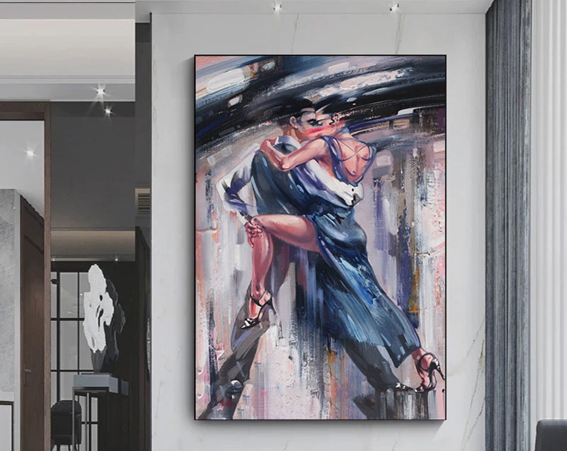 Passionate Couple Dancing Blue Dress Impressionist Art Poster