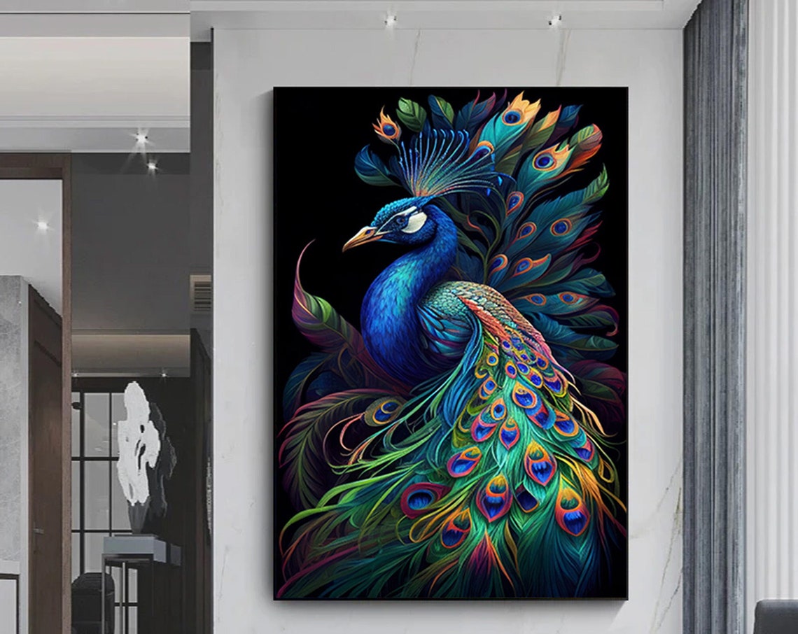Vibrant Peacock Rainbow Feathers Iridescent Dark Style Art Poster