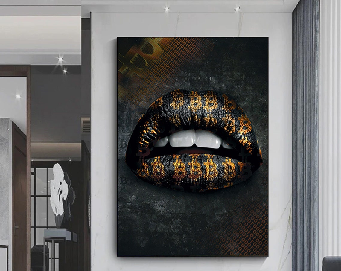 Gold Bitcoin Lips Edgy Crypto Binary Code Street Style Art Poster