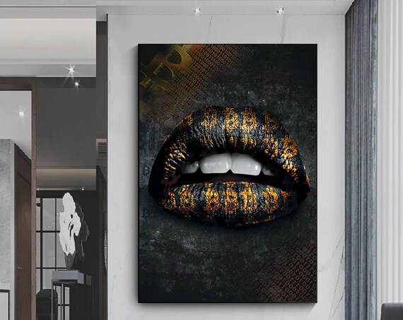 Gold Bitcoin Lips Edgy Crypto Binary Code Street Style Art Poster