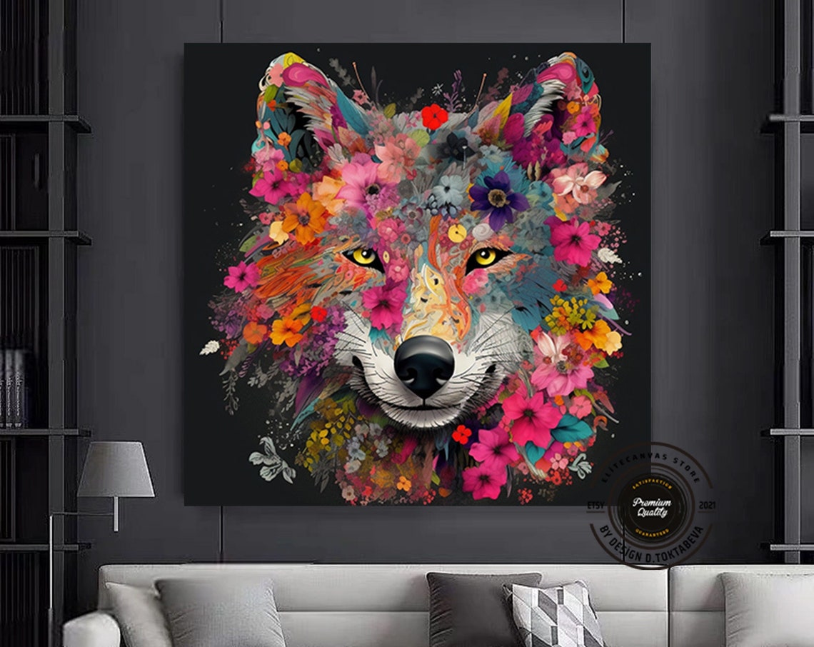 White Wolf Portrait Canvas Print With Flower Crown Colorful Art Wild Flowers Wall Decor