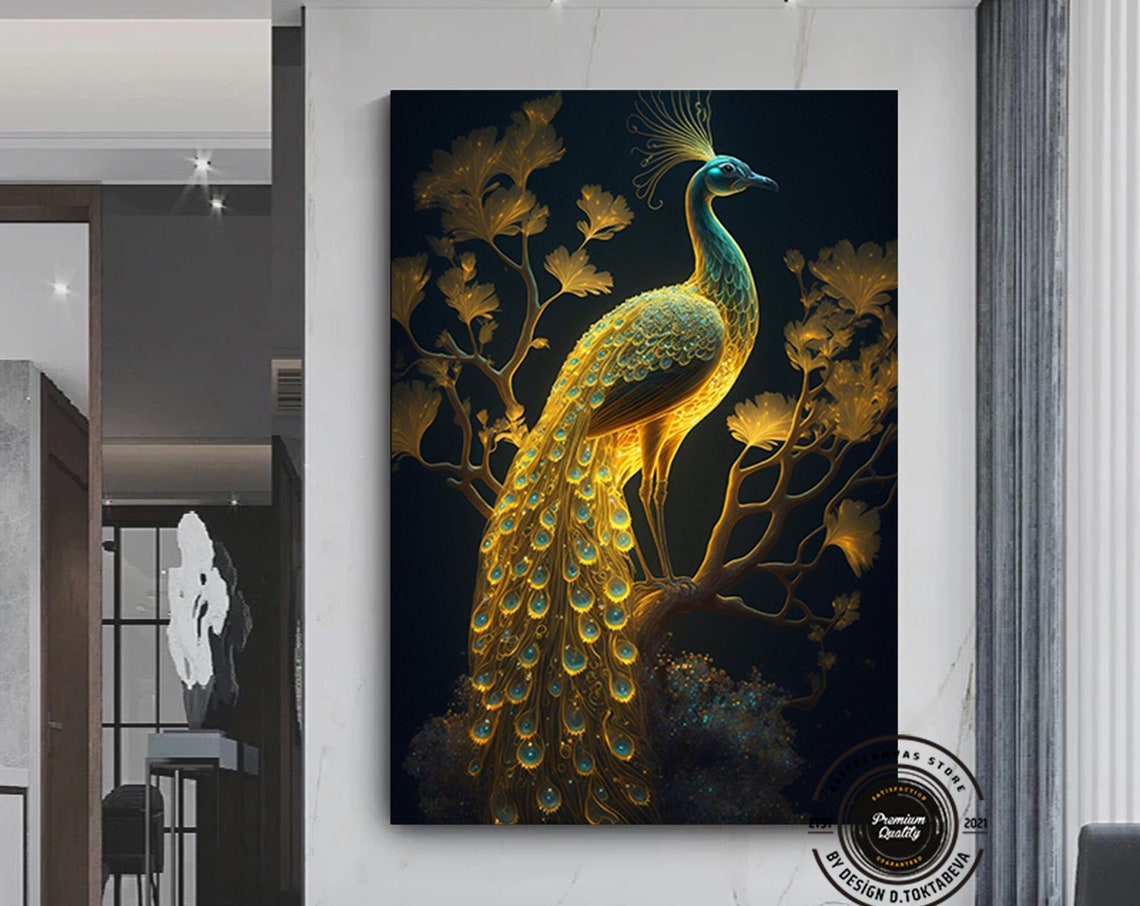 Glowing Golden Peacock Tree Dark Elegant Bird Artwork Poster