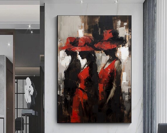 Three Women Red Hats Abstract Elegant Fashion Silhouette Art Print