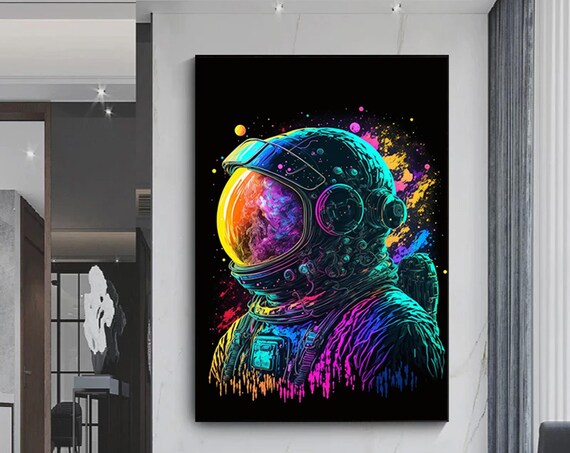 Neon Astronaut With Galaxy Visor On Black Cosmic Space Poster