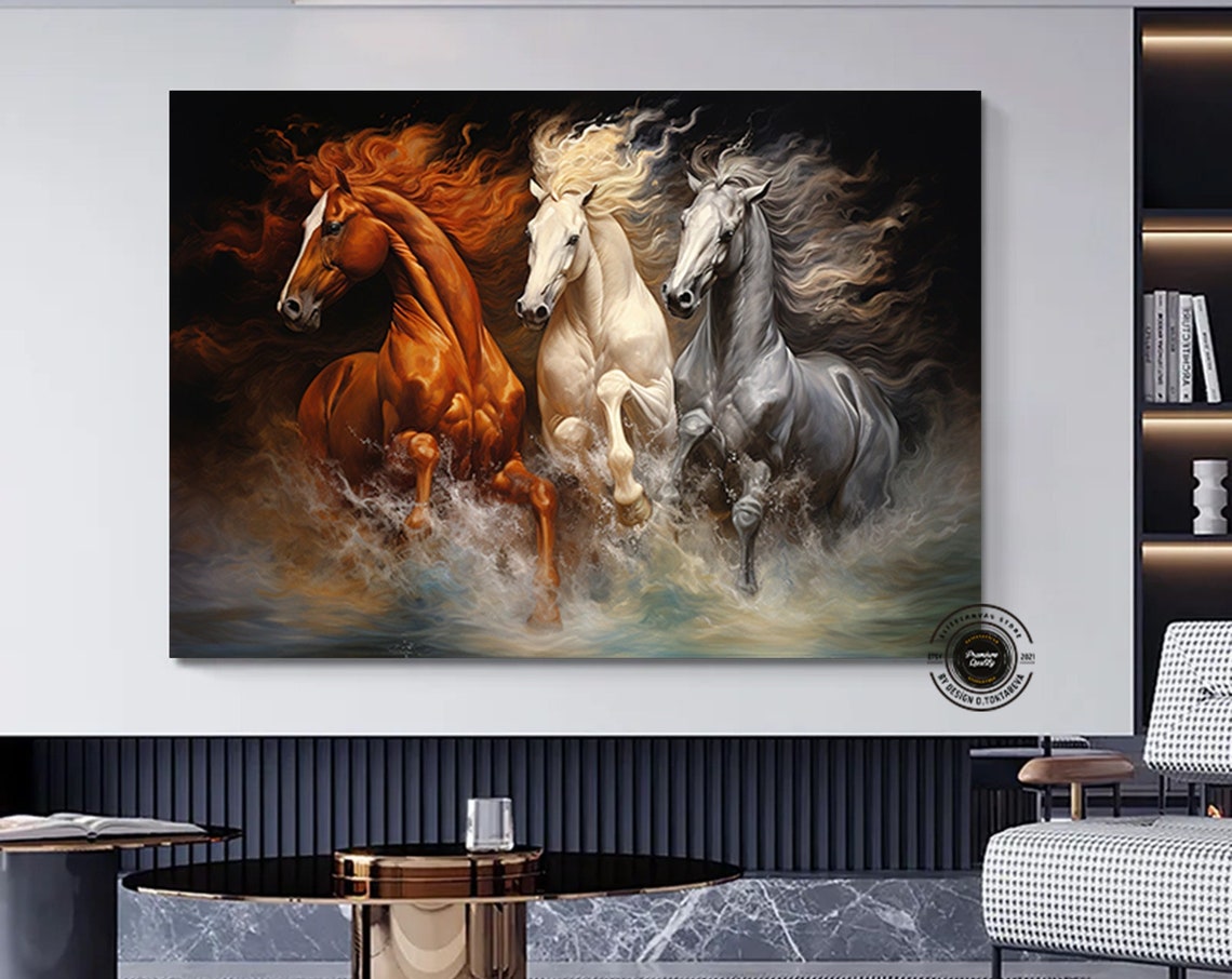 Three Wild Horses Galloping Together Through Ocean Waves Art Poster
