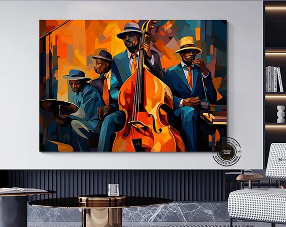 Jazz Quartet Double Bass Player Blue Suits Warm Club Night Poster