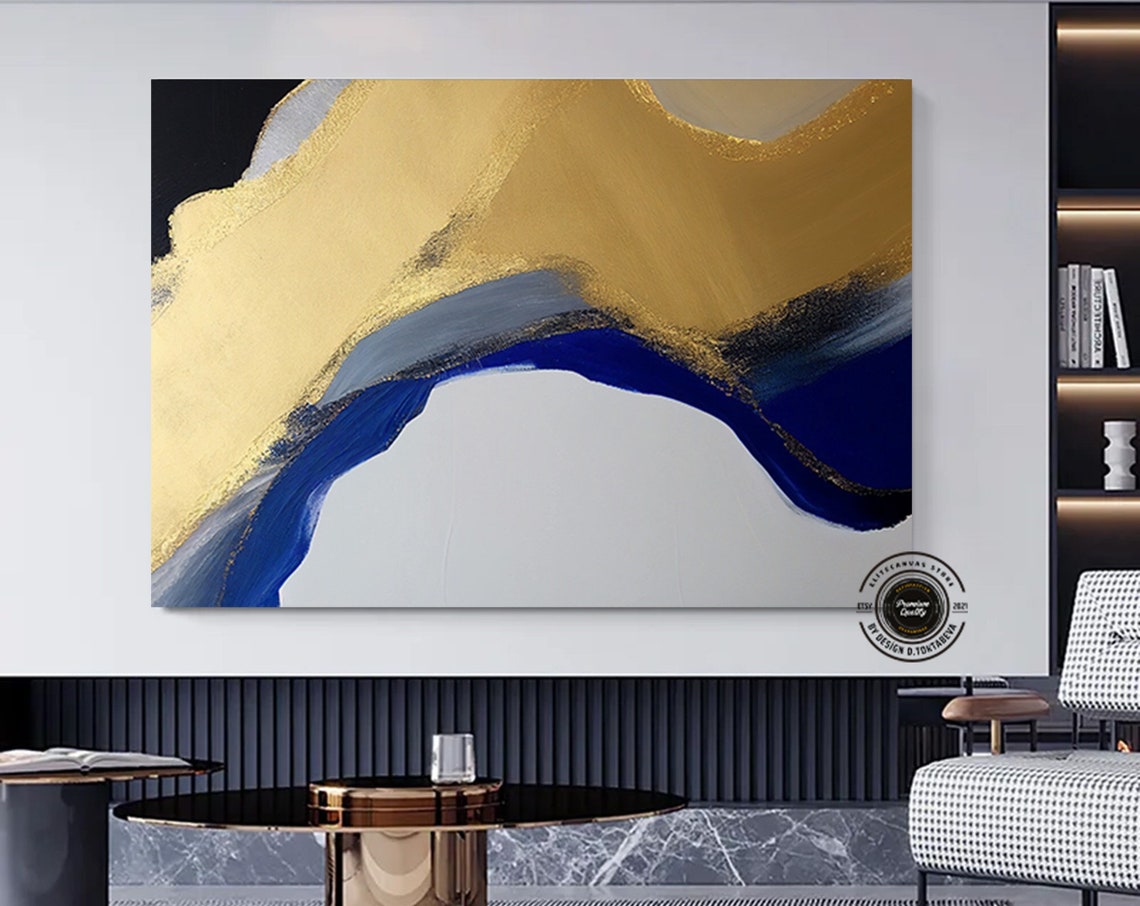 Luxury Gold Navy Blue Abstract Fluid Marble Waves Art Poster