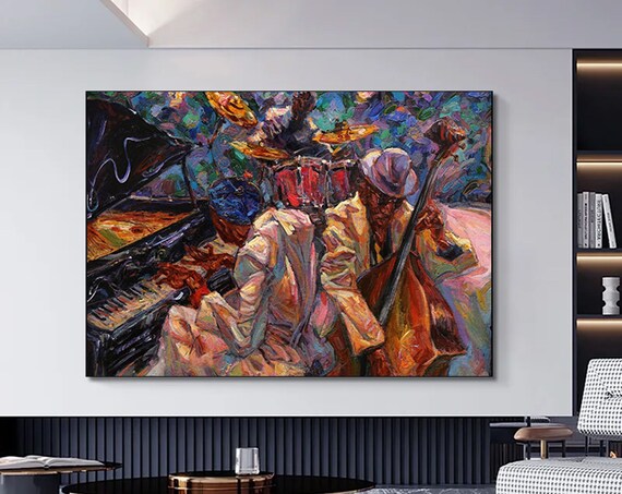 Jazz Trio Piano Drums Bass Colorful Expressionist Music Painting Poster
