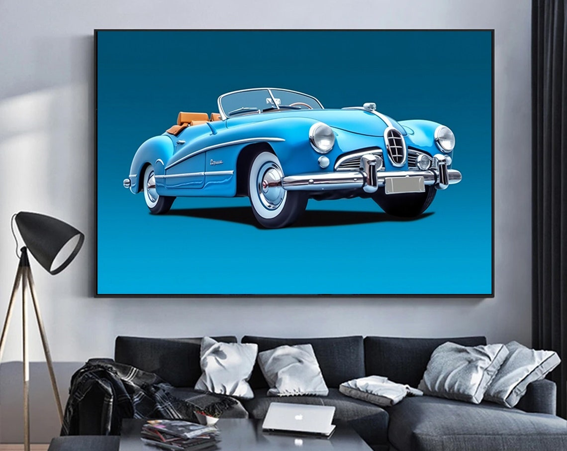 Classic Blue Vintage Convertible Car Retro Automotive Poster