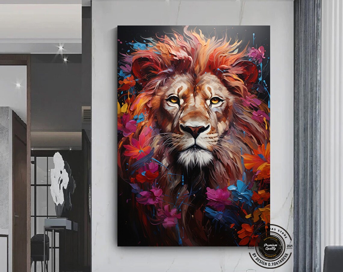 Majestic Lion Colorful Flowers Mane Painterly Wildlife Art Poster