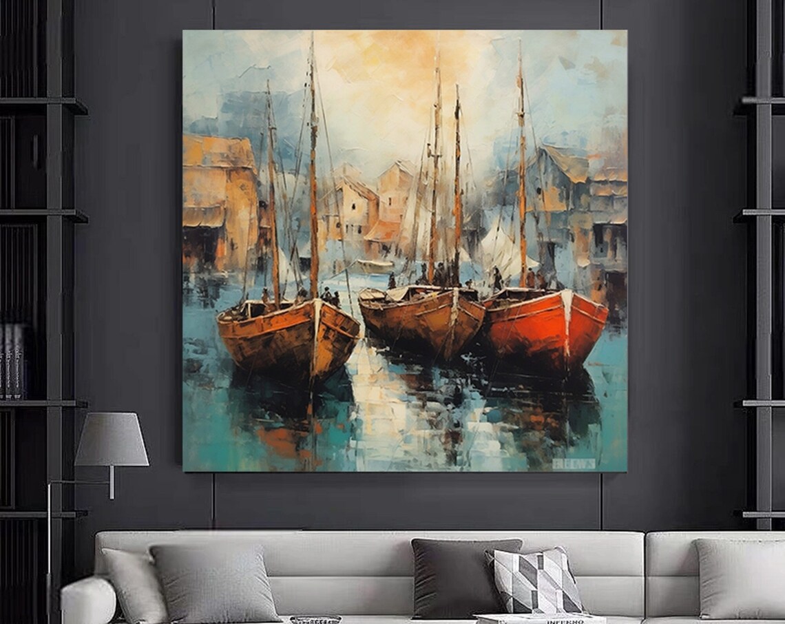 Yachts On Sea Abstract Oil Reproduction Art Print