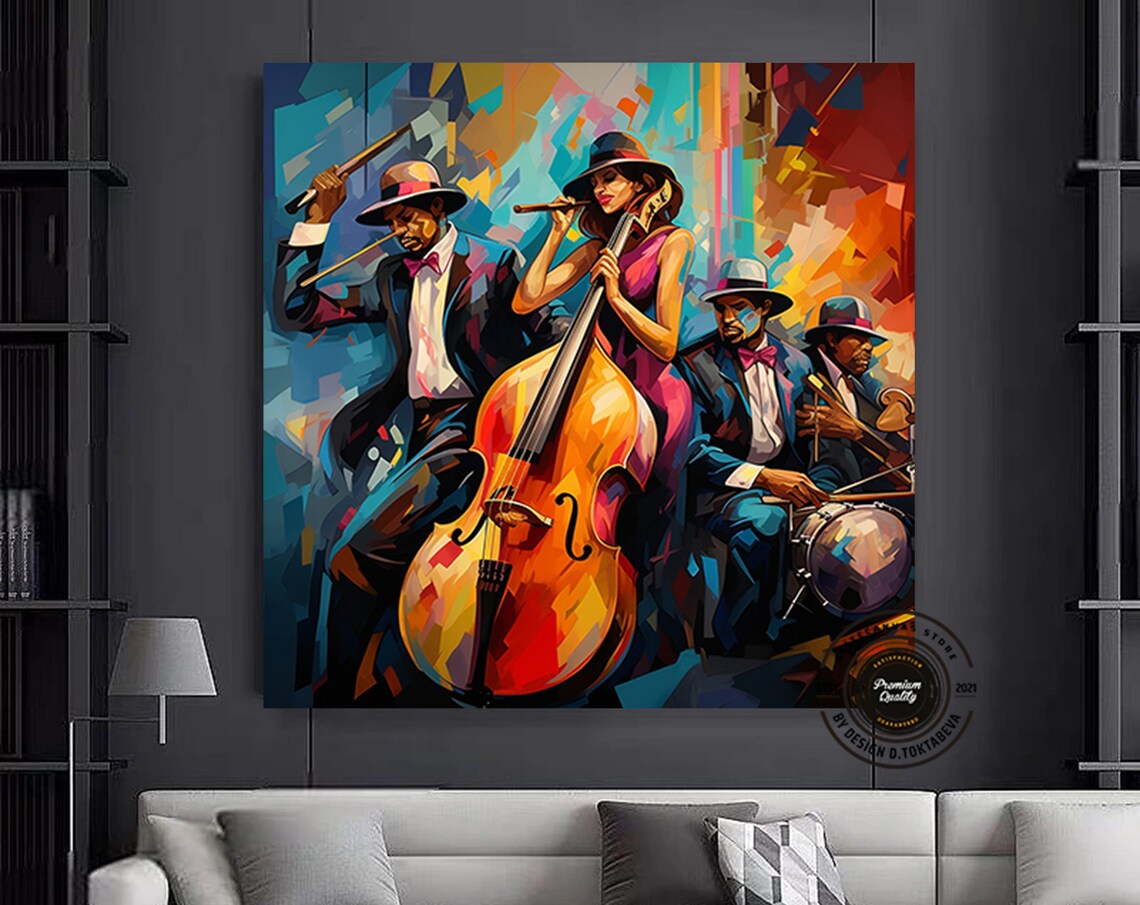 Colorful Jazz Band Double Bass Drums Cubist Music Art Poster