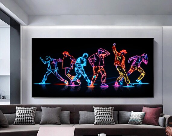 Neon Glowing Street Dancers Silhouette On Black Nightclub Poster