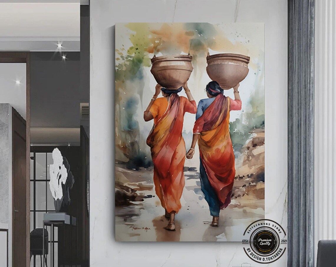 Indian Women Saris Carrying Pots Watercolor Artwork Village Poster