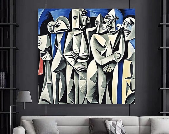 Cubist Faces Picasso Style Abstract Monochrome Blue Art Poster