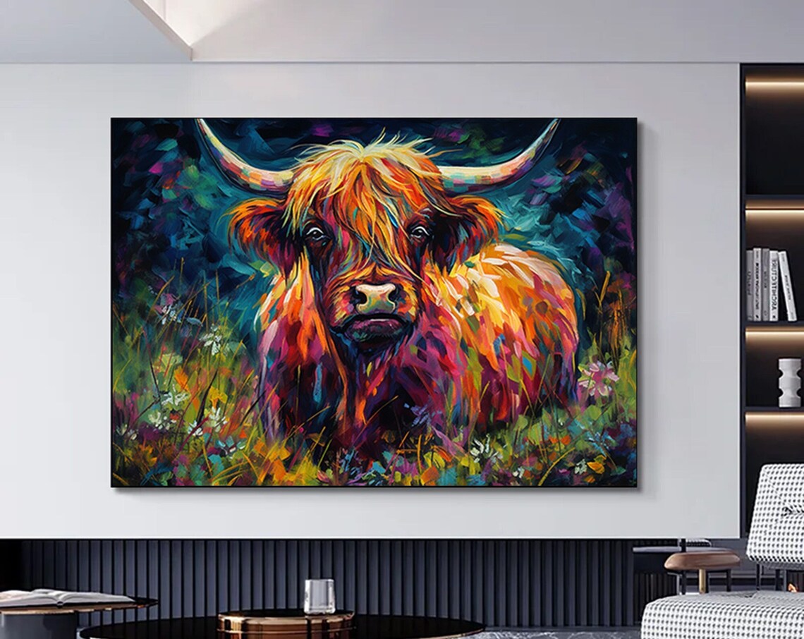 Highland Cow Colorful Meadow Painting Shaggy Longhorn Cattle Poster
