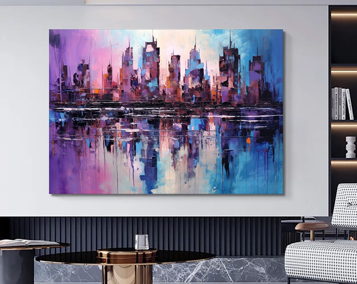 City Skyline Reflection Abstract Painting in Purple Blue Tones Poster