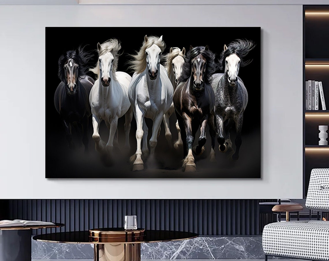 Six Horses Running Black Background Dramatic Equine Art Poster