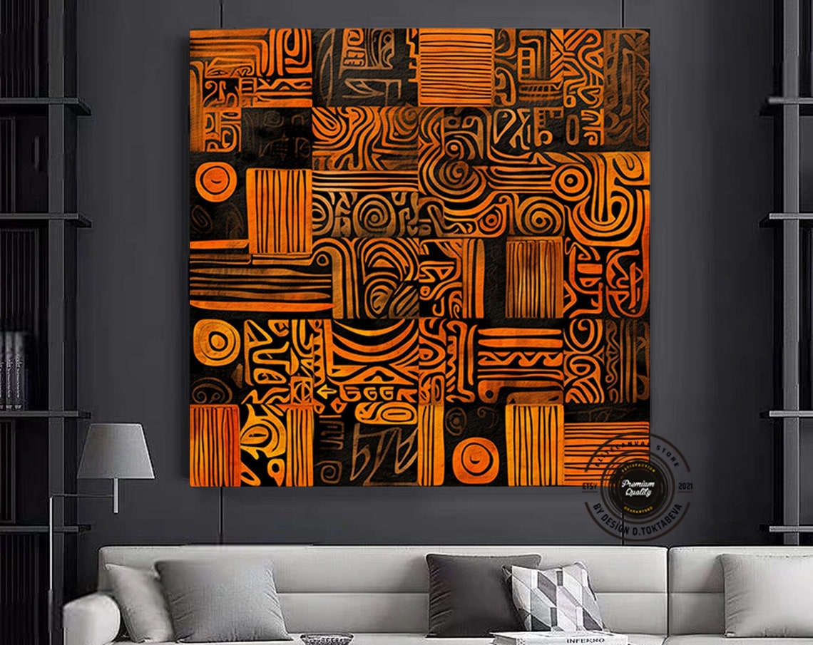 Orange Tribal Doodle Pattern Ethnic Abstract Mosaic Art Poster
