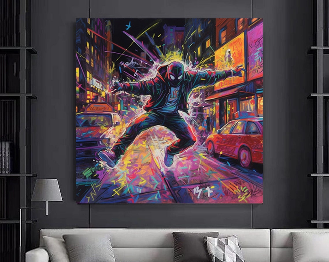 Spider-Man Neon Graffiti Night City Superhero Street Art Poster