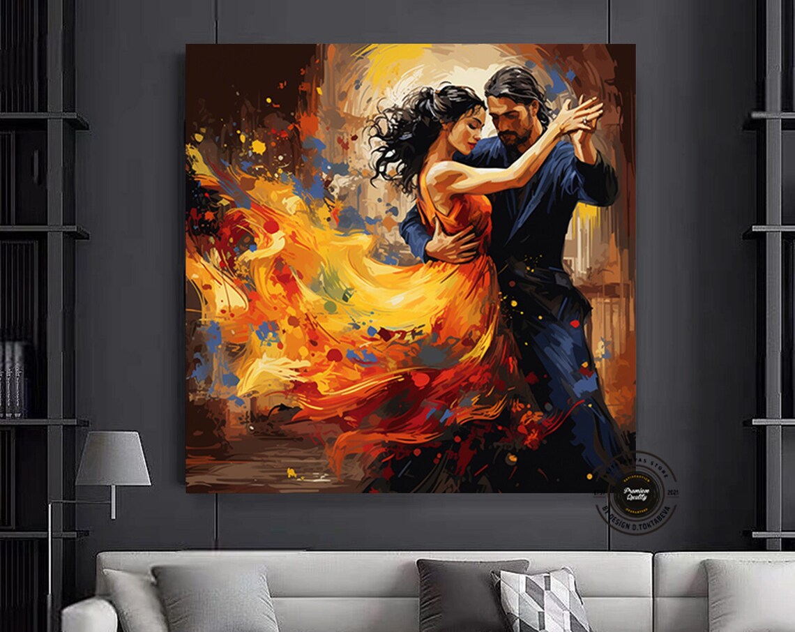 Passionate Tango Dancers Fiery Red Dress Expressionist Dance Art Poster