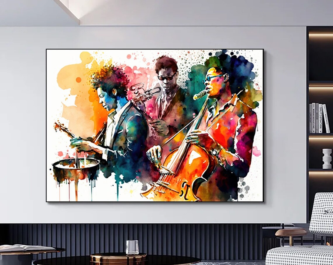 Jazz Trio Musicians Colorful Watercolor Saxophone Music Art Poster