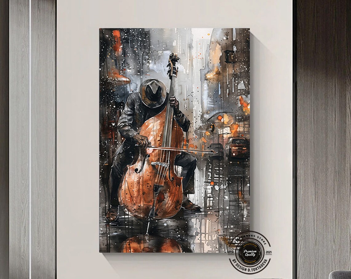 Street Musician Playing Double Bass in Rain Night City Art Poster