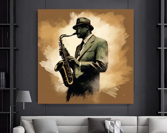 Saxophone Player Fedora Hat Sepia Gold Jazz Musician Art Poster