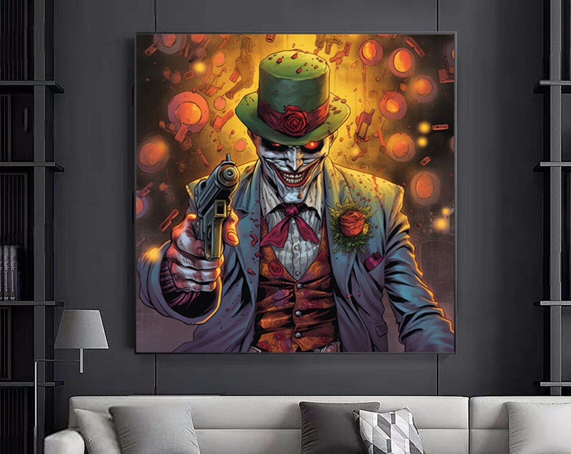 Joker Style Clown Villain Gun Green Hat Grinning Comic Art Poster