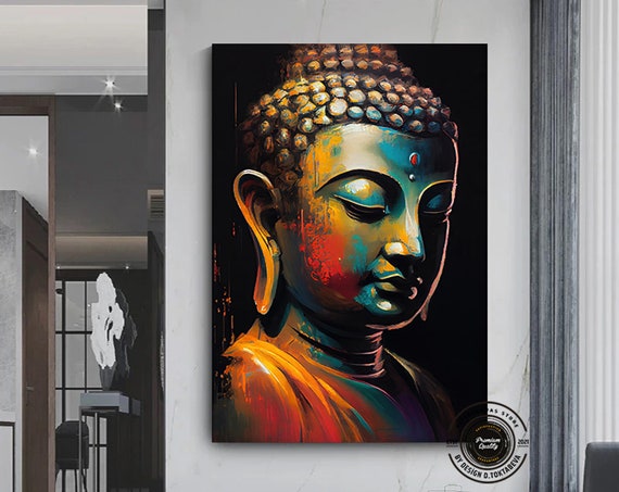 Buddha Profile in Neon Paint Meditation Style Art Poster for Modern Home Decor