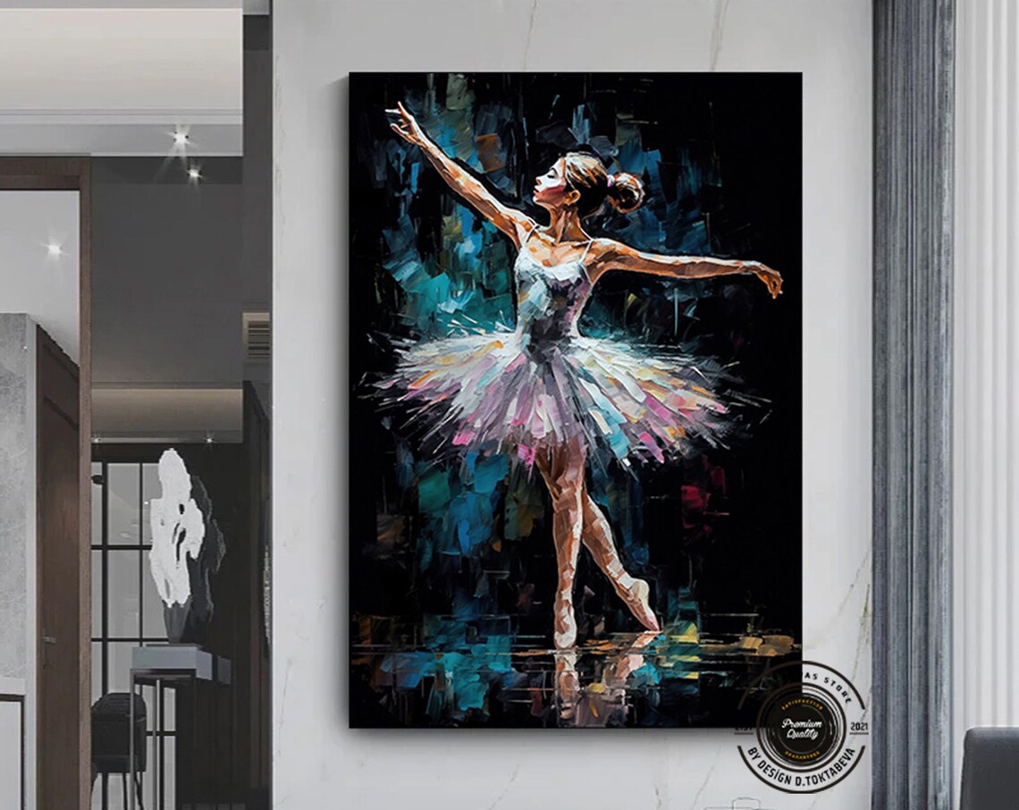 Ballerina Leap in White Tutu Stage Oil Painting Poster for Modern Home Decor