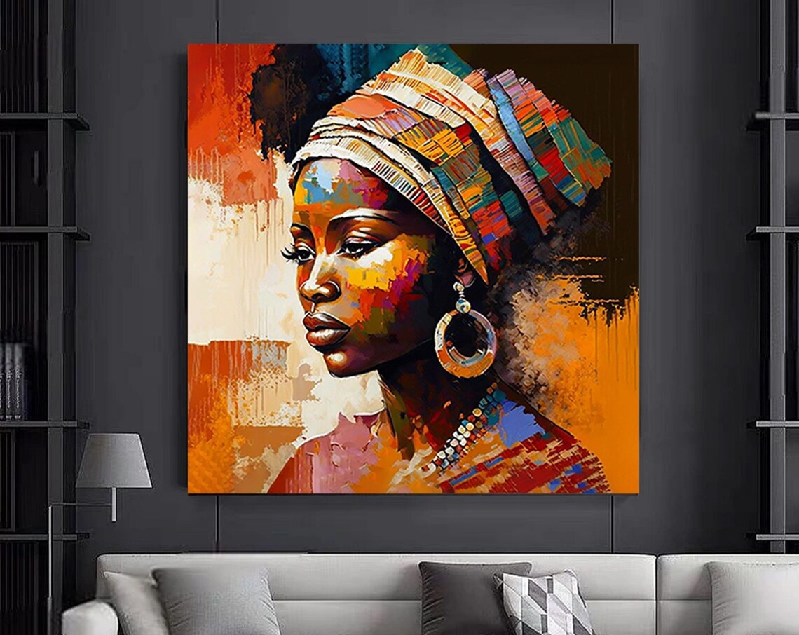 African Woman Portrait Striped Headwrap Impasto Colorful Art Poster