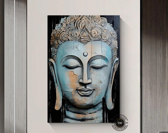 Serene Buddha Face Tranquil Blue Gray Meditative Zen Wall Art