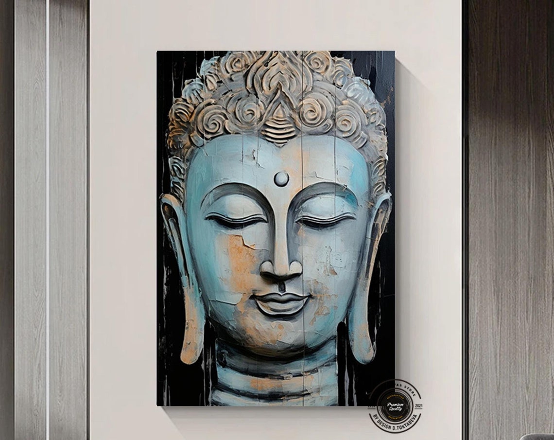 Serene Buddha Face Tranquil Blue Gray Meditative Zen Wall Art