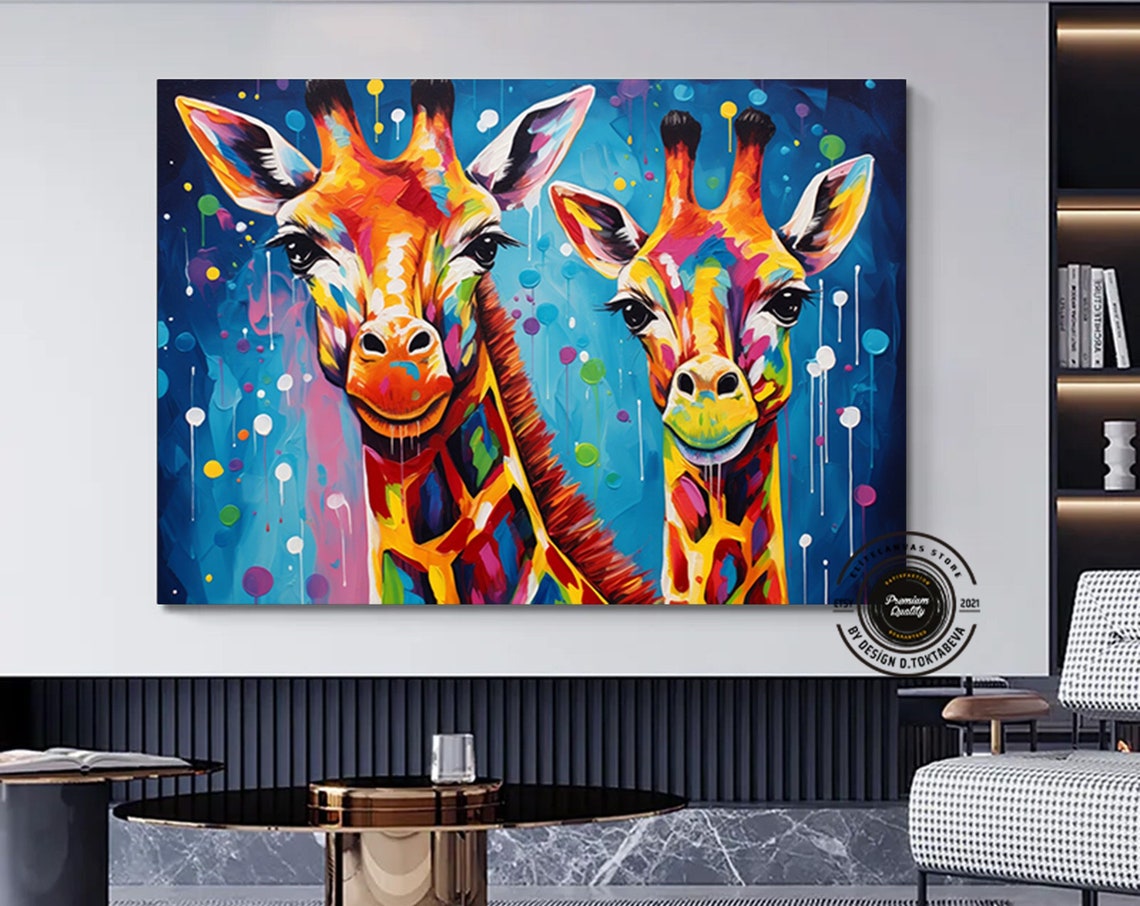 Colorful Twin Giraffe Faces Street Art Pop Style Wall Poster